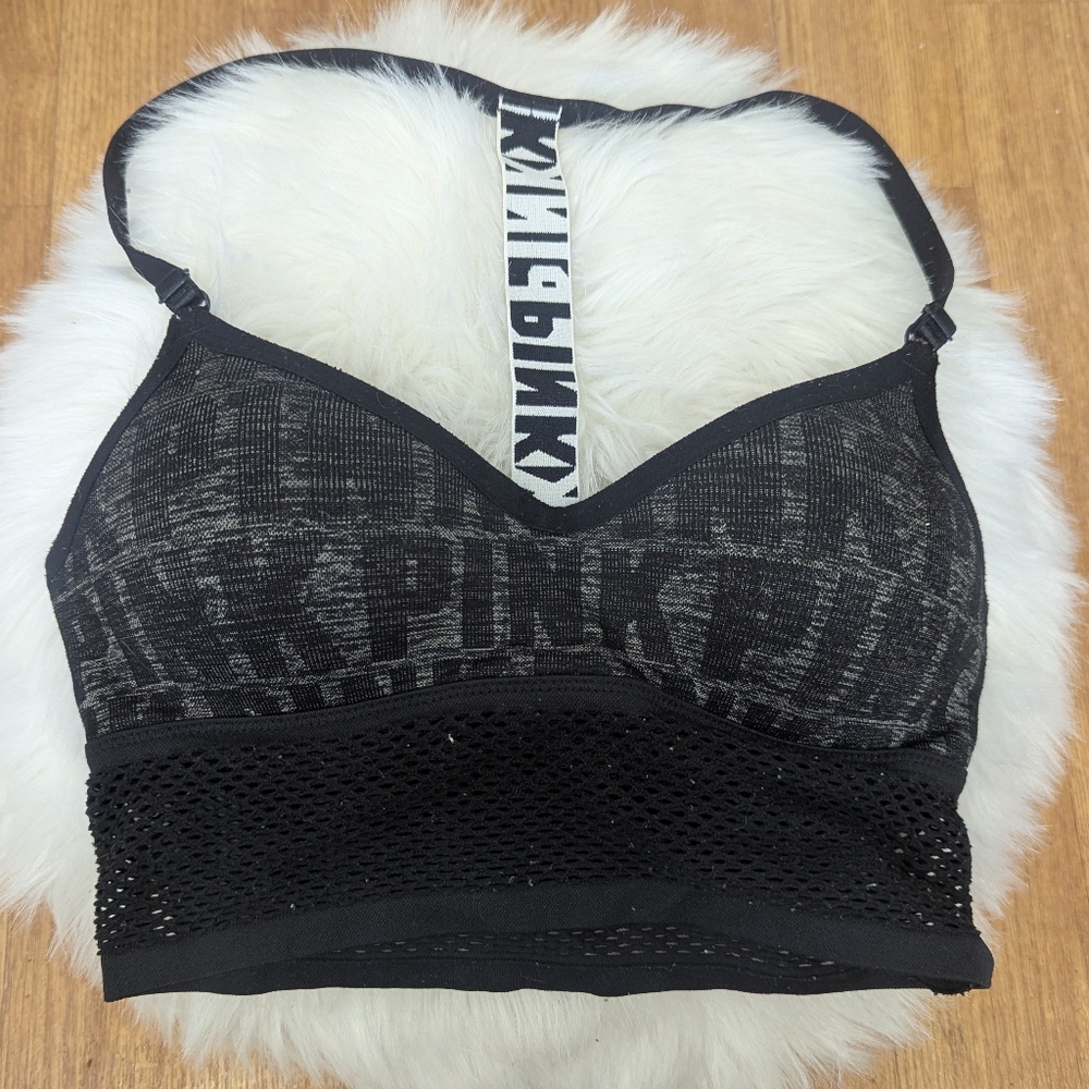 PINK Victoria's Secret Wireless Bralette Logo Print And Fishnet Band